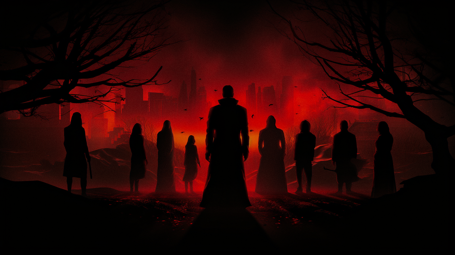 how to write villains Villains, walking towards a city, red fog surrounds them