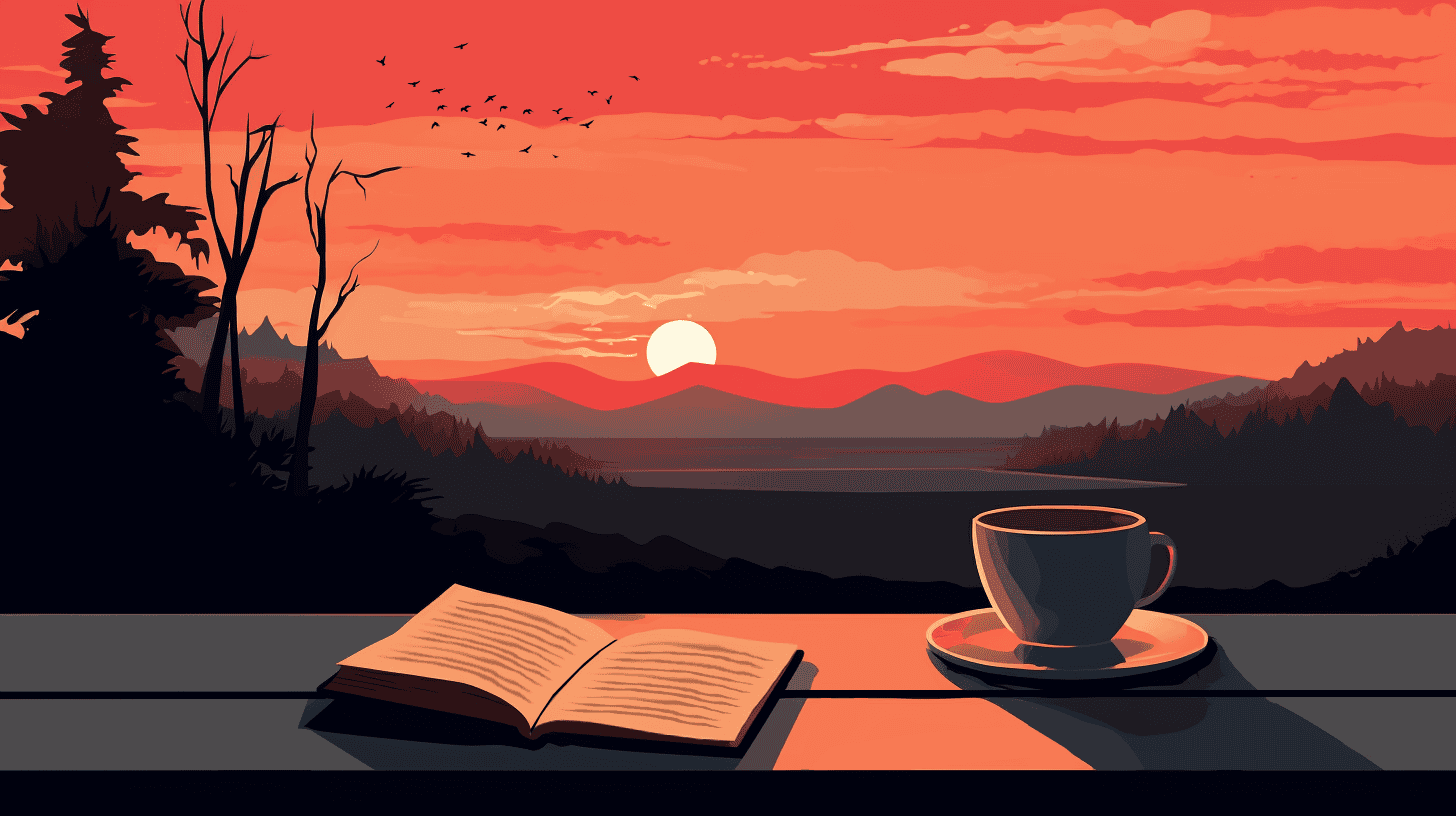 what is an epilogue image with sunset, open book and coffee cup